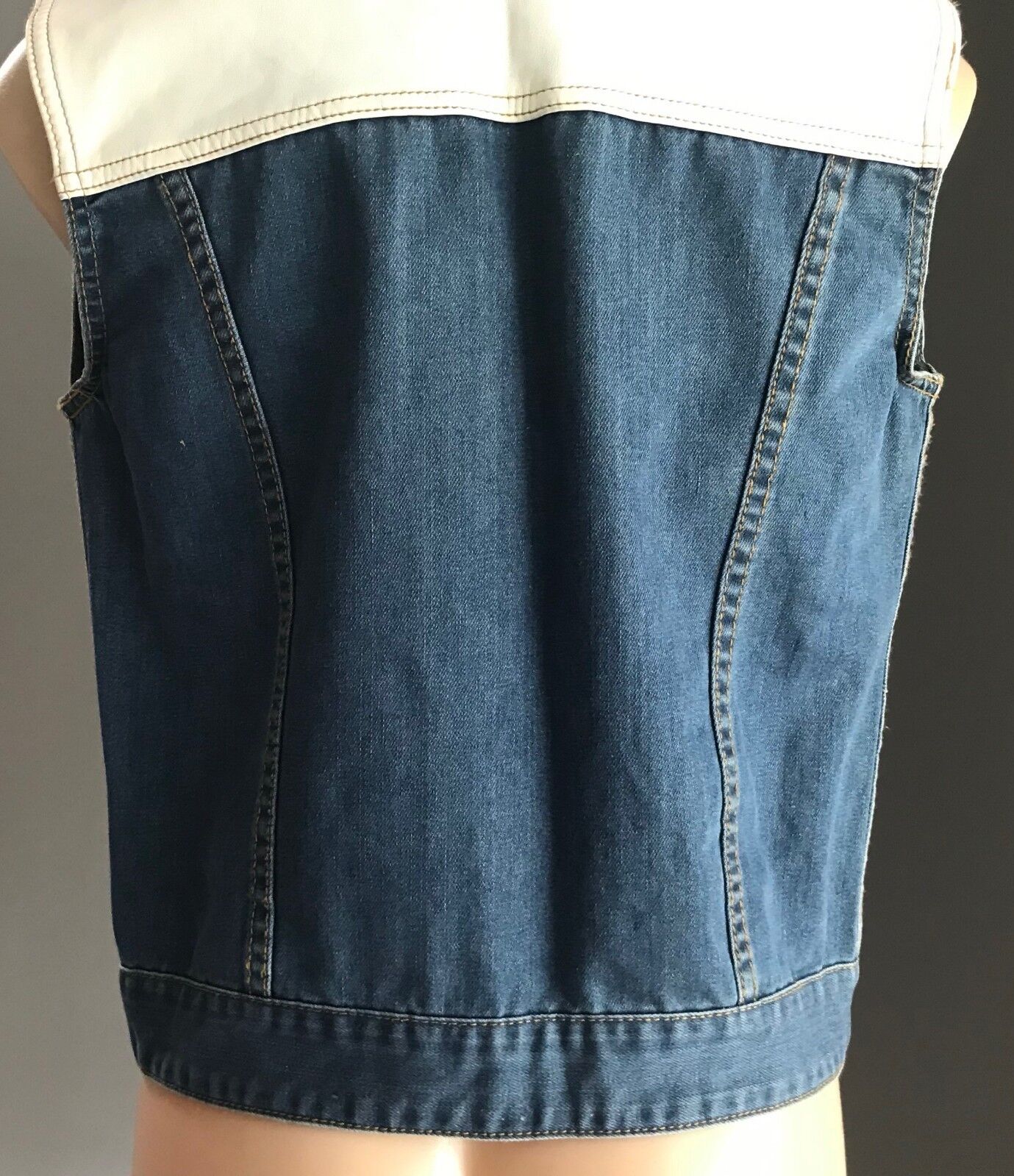ONE TEASPOON Denim Jacket Sleeveless Vest Blue & White Pleather Trim Sz S 10
