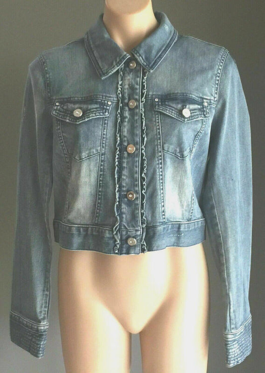 WHBM WHITE HOUSE BLACK MARKET Denim Jacket Blue Crop Ruffle Stretch Ladies Sz 10