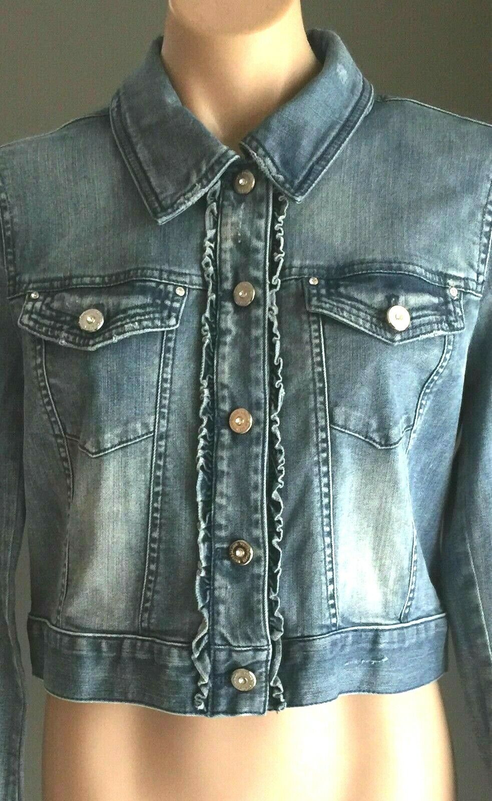 WHBM WHITE HOUSE BLACK MARKET Denim Jacket Blue Crop Ruffle Stretch Ladies Sz 10