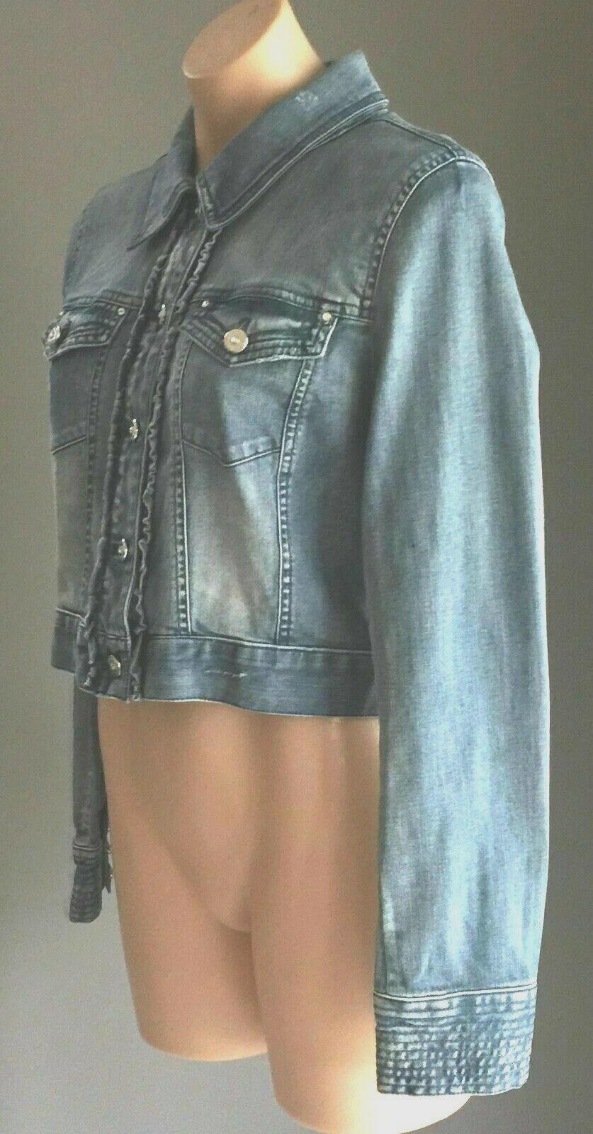 WHBM WHITE HOUSE BLACK MARKET Denim Jacket Blue Crop Ruffle Stretch Ladies Sz 10