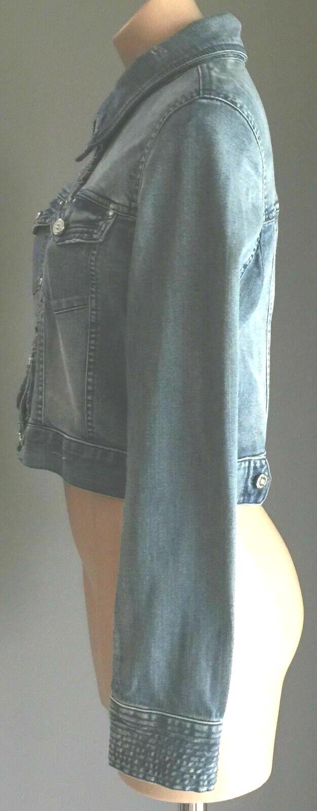 WHBM WHITE HOUSE BLACK MARKET Denim Jacket Blue Crop Ruffle Stretch Ladies Sz 10