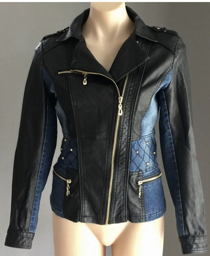BLOCKOUT Denim Jacket Blue & Black Pleather Moto Style w Gold Studs Size 8 10