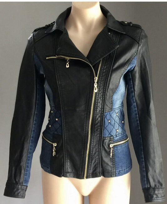 BLOCKOUT Denim Jacket Blue & Black Pleather Moto Style w Gold Studs Size 8 10