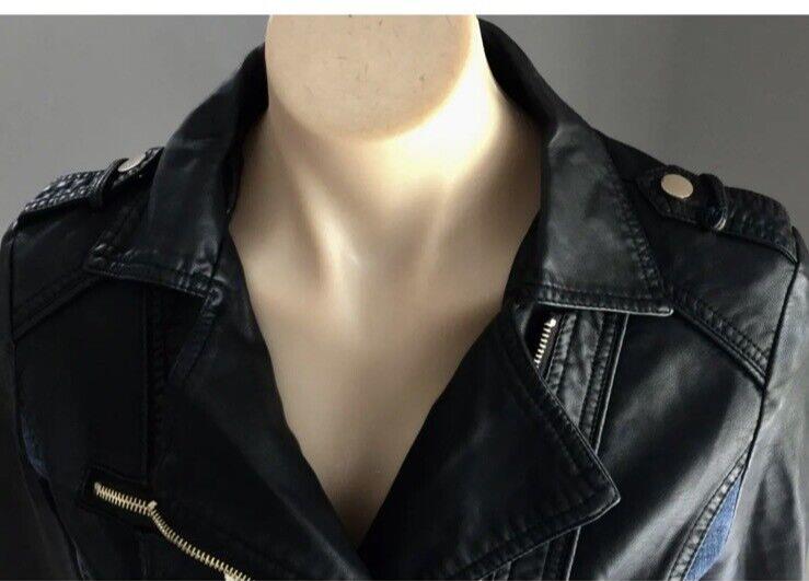 BLOCKOUT Denim Jacket Blue & Black Pleather Moto Style w Gold Studs Size 8 10