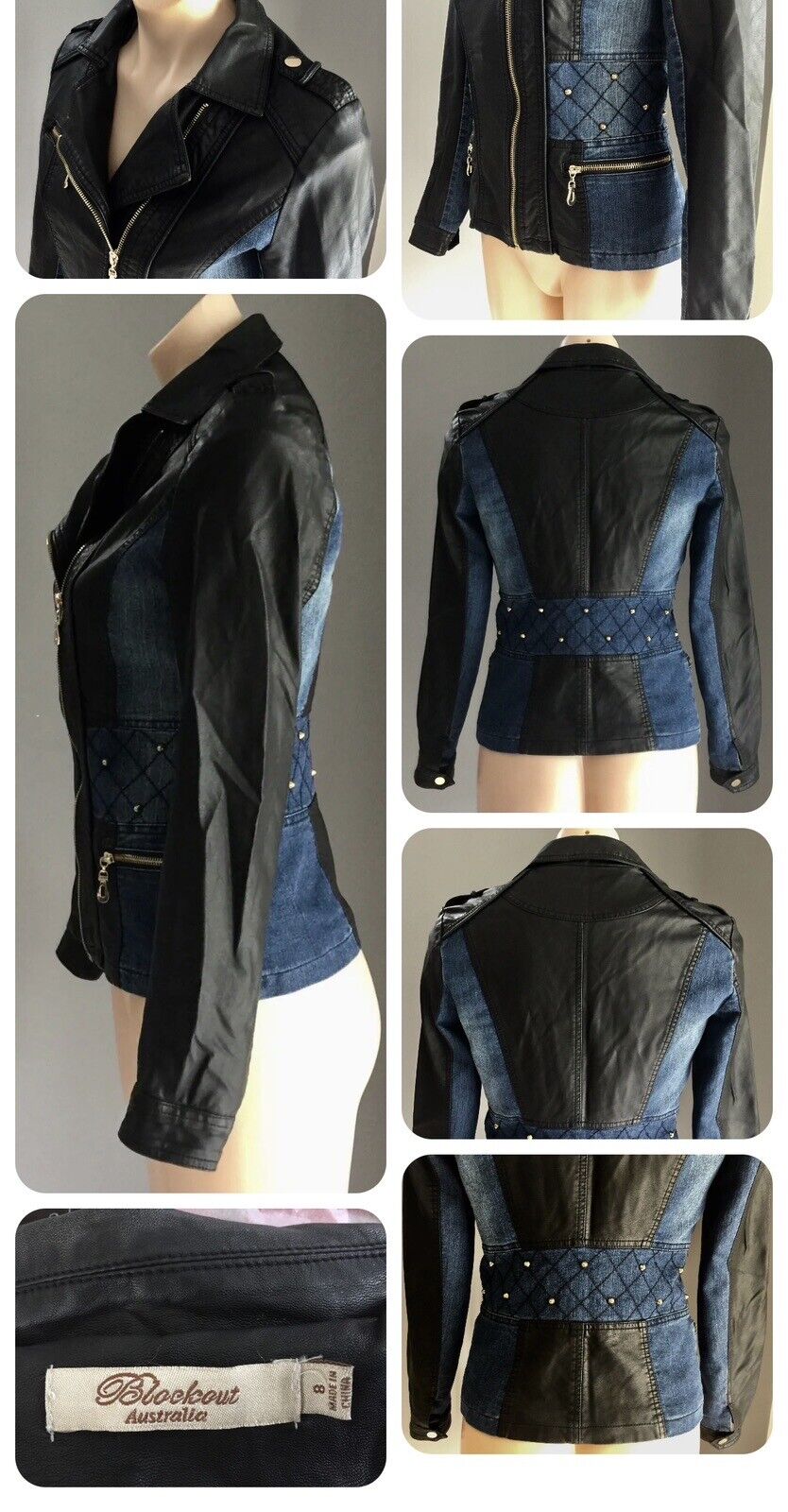 BLOCKOUT Denim Jacket Blue & Black Pleather Moto Style w Gold Studs Size 8 10