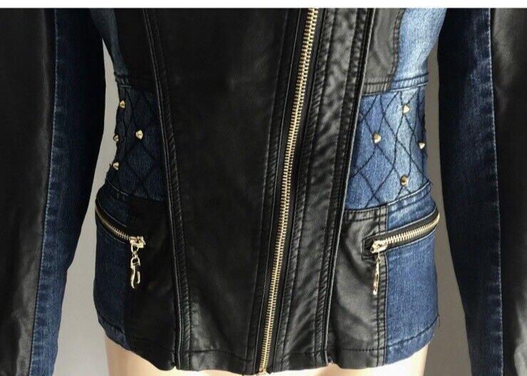 BLOCKOUT Denim Jacket Blue & Black Pleather Moto Style w Gold Studs Size 8 10