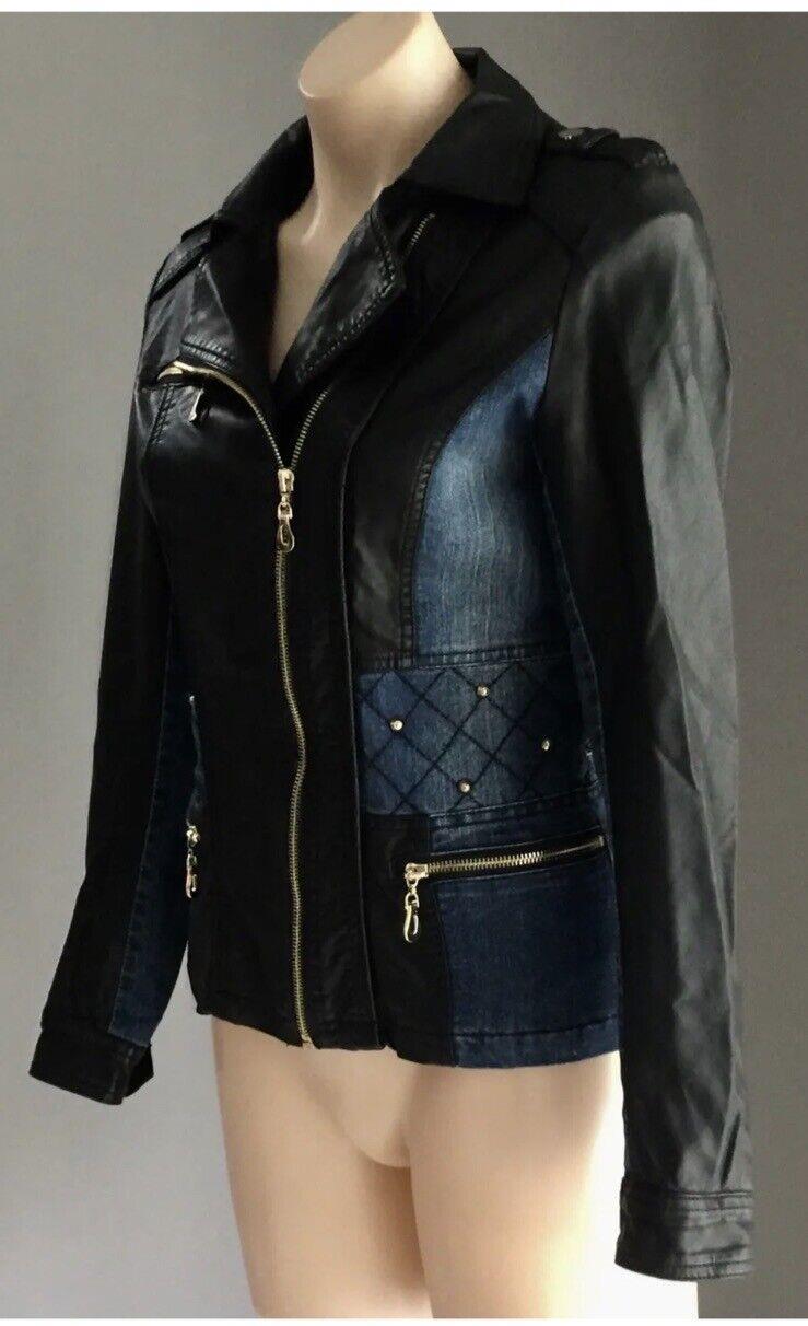 BLOCKOUT Denim Jacket Blue & Black Pleather Moto Style w Gold Studs Size 8 10