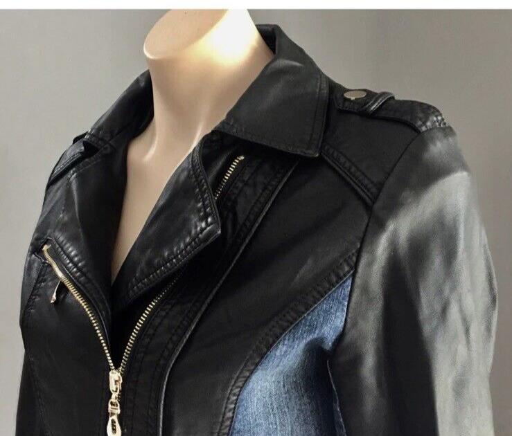 BLOCKOUT Denim Jacket Blue & Black Pleather Moto Style w Gold Studs Size 8 10