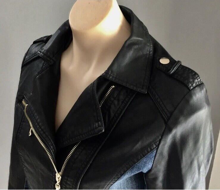 BLOCKOUT Denim Jacket Blue & Black Pleather Moto Style w Gold Studs Size 8 10