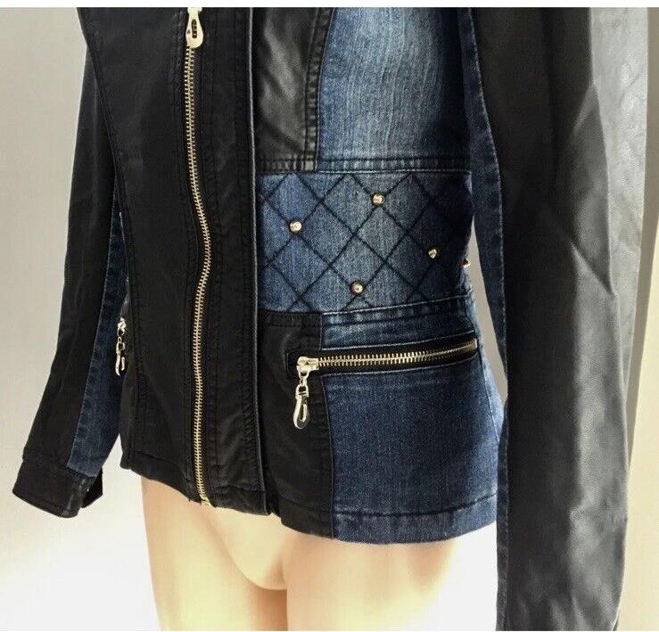BLOCKOUT Denim Jacket Blue & Black Pleather Moto Style w Gold Studs Size 8 10