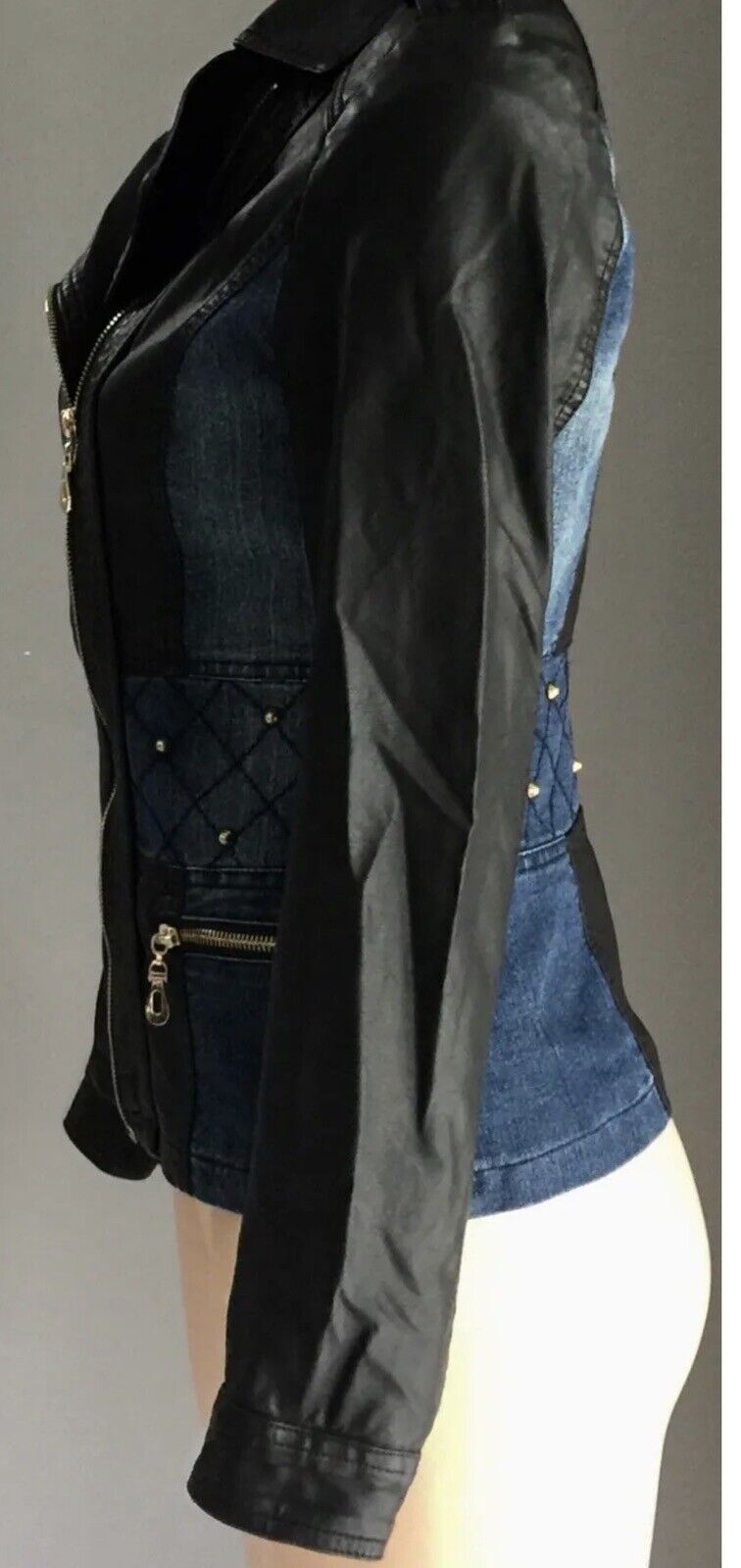 BLOCKOUT Denim Jacket Blue & Black Pleather Moto Style w Gold Studs Size 8 10