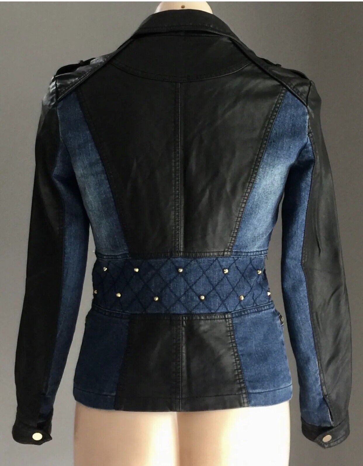 BLOCKOUT Denim Jacket Blue & Black Pleather Moto Style w Gold Studs Size 8 10