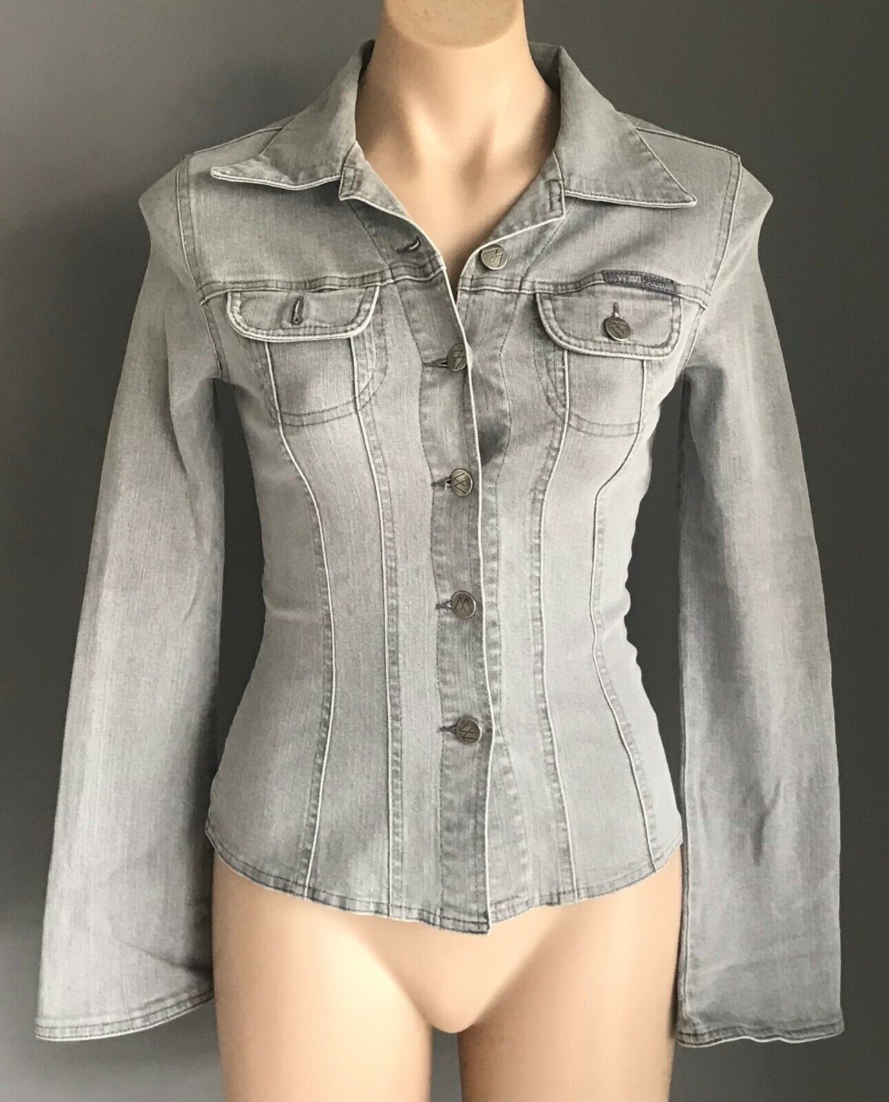 WISH DENIM Denim Jacket Grey Wash Denim Fitted Ladies Size 8 10