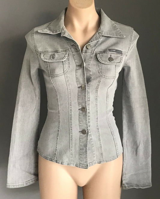 WISH DENIM Denim Jacket Grey Wash Denim Fitted Ladies Size 8 10