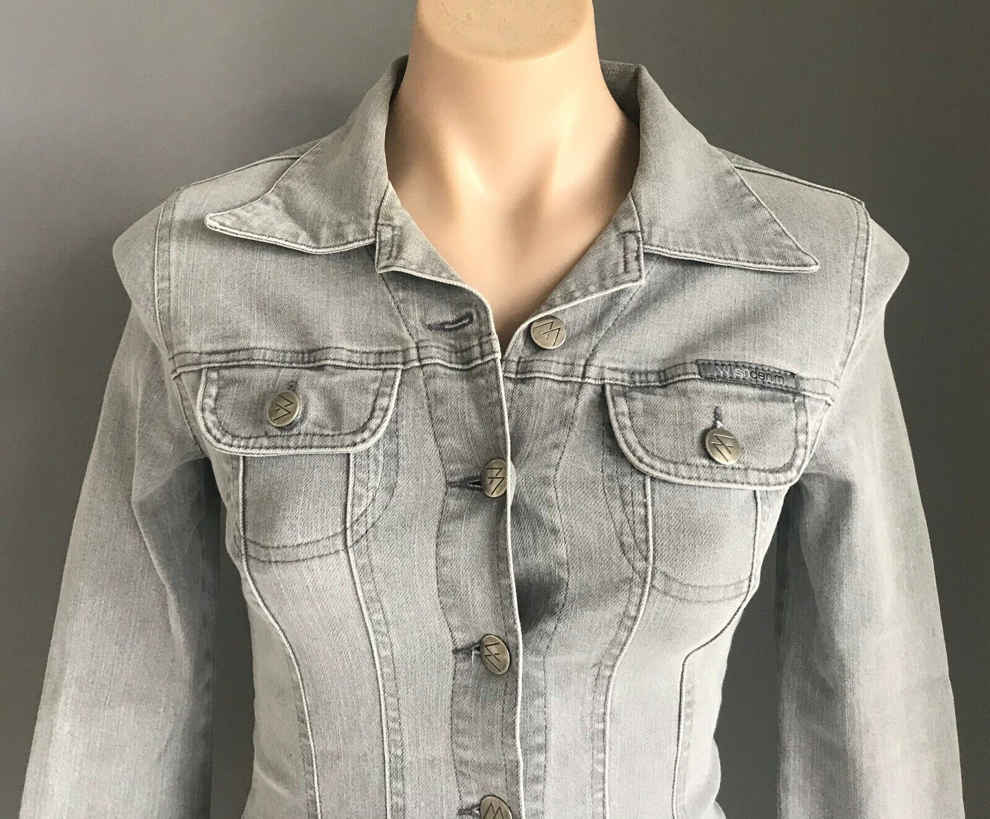 WISH DENIM Denim Jacket Grey Wash Denim Fitted Ladies Size 8 10