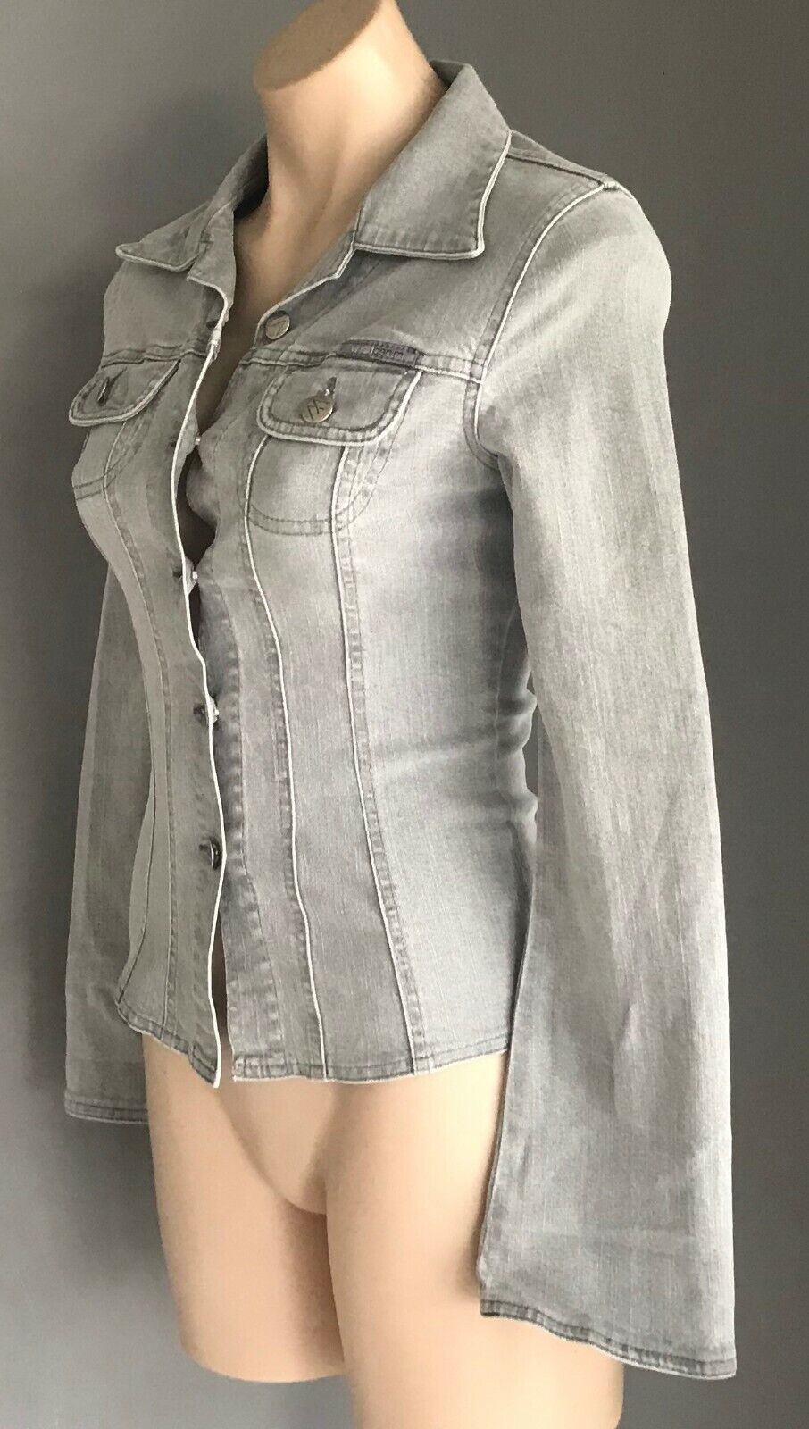 WISH DENIM Denim Jacket Grey Wash Denim Fitted Ladies Size 8 10