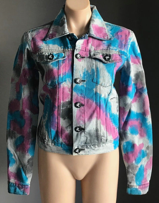 ONE TEASPOON Denim Jacket Cult Faded Blue Black Blue Pink Spray Paint  Size M 10