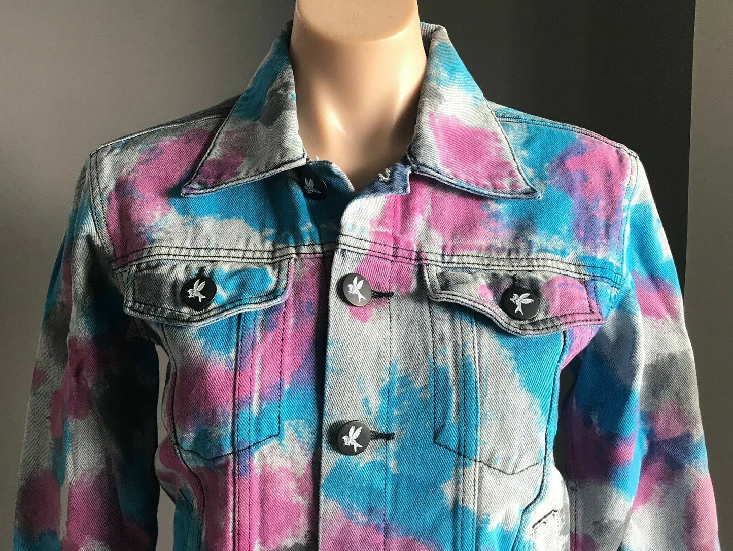 ONE TEASPOON Denim Jacket Cult Faded Blue Black Blue Pink Spray Paint  Size M 10