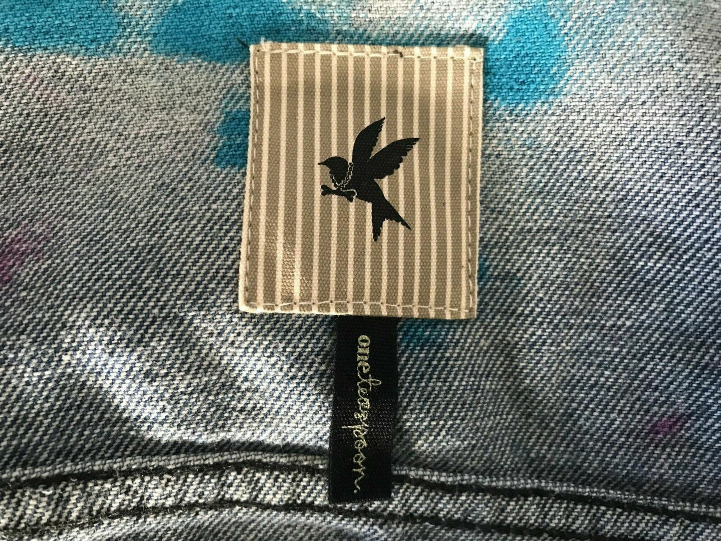 ONE TEASPOON Denim Jacket Cult Faded Blue Black Blue Pink Spray Paint  Size M 10