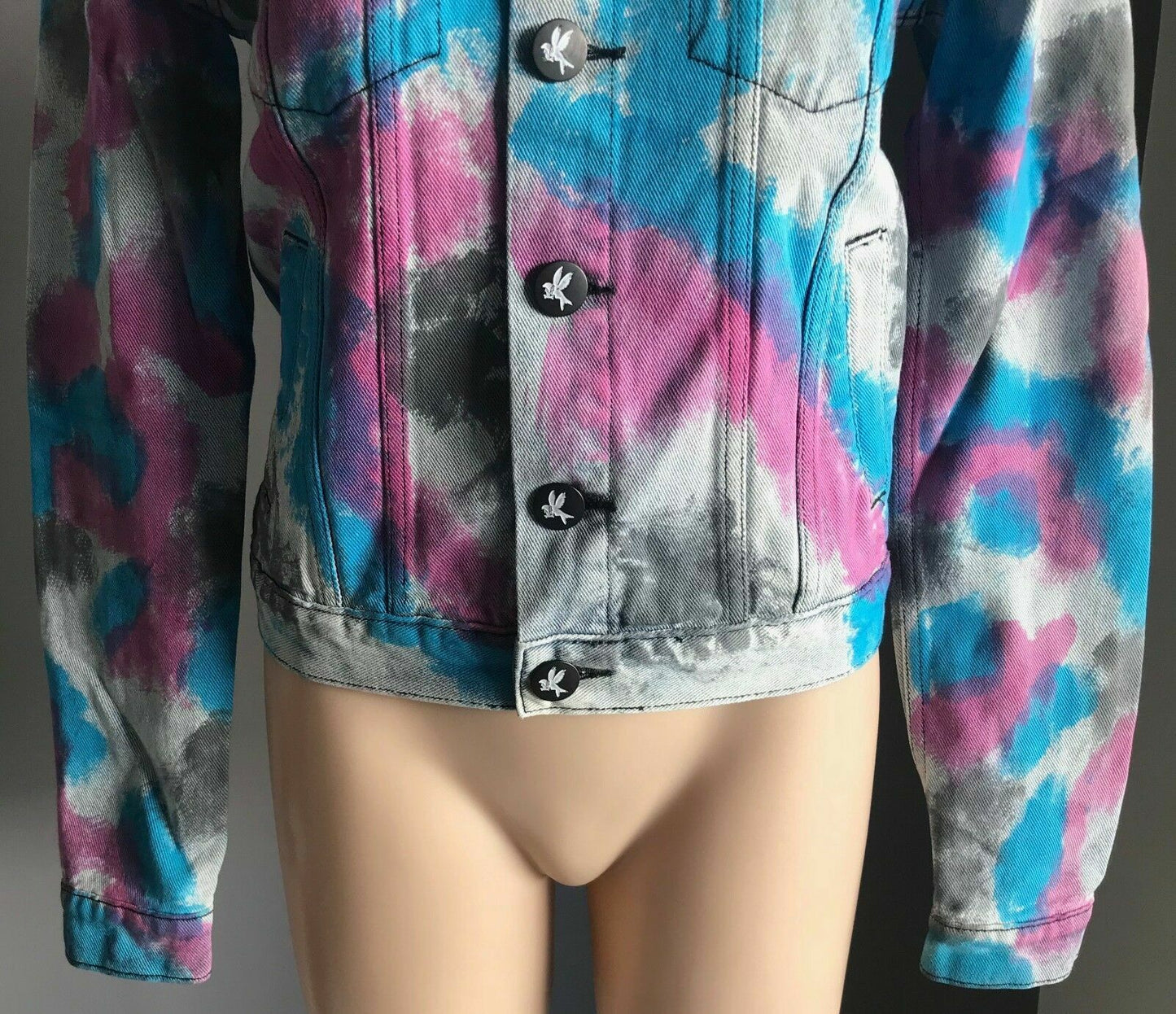 ONE TEASPOON Denim Jacket Cult Faded Blue Black Blue Pink Spray Paint  Size M 10