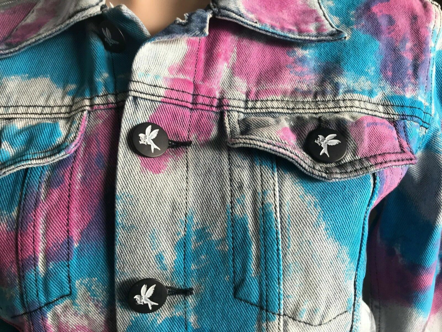 ONE TEASPOON Denim Jacket Cult Faded Blue Black Blue Pink Spray Paint  Size M 10