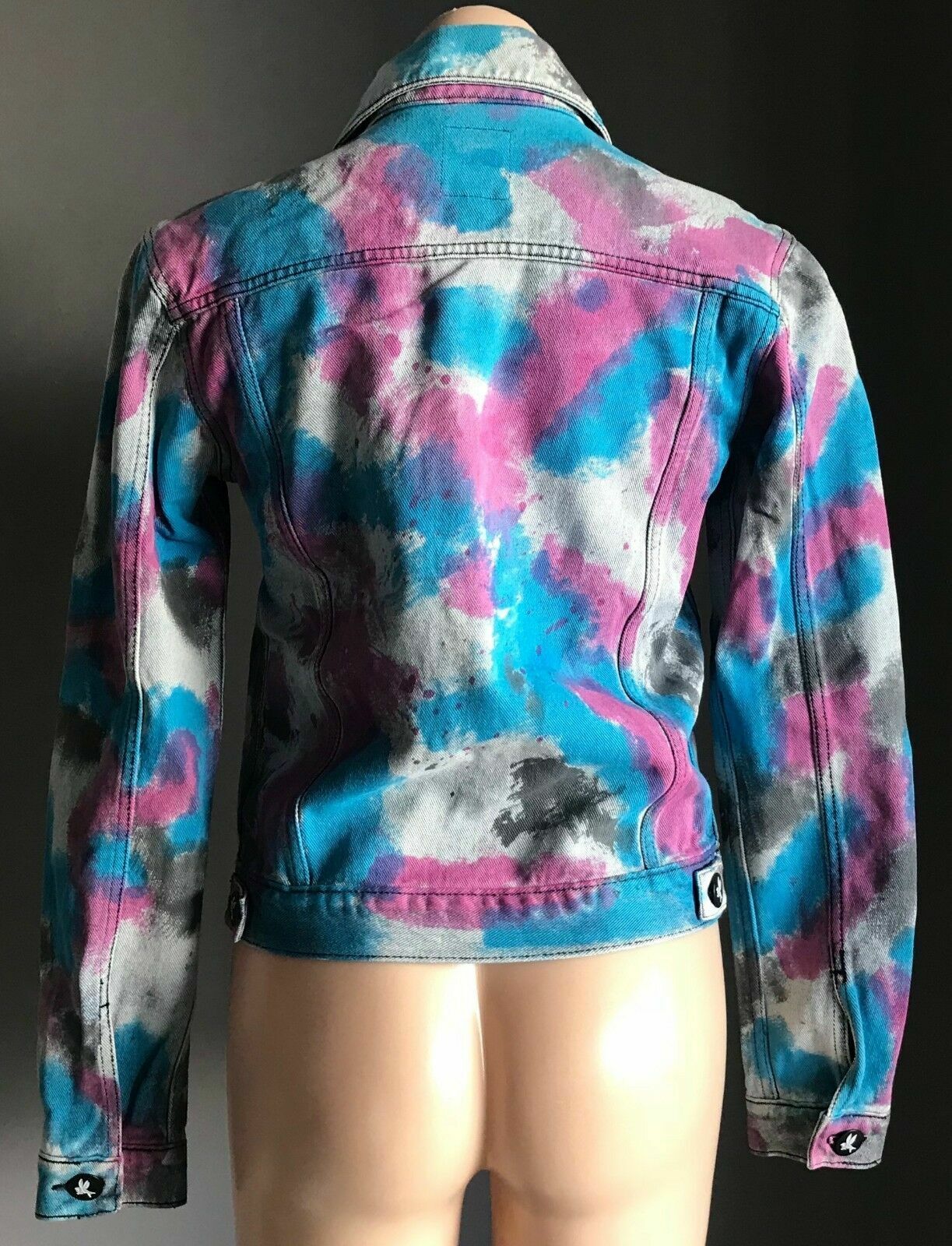 ONE TEASPOON Denim Jacket Cult Faded Blue Black Blue Pink Spray Paint  Size M 10