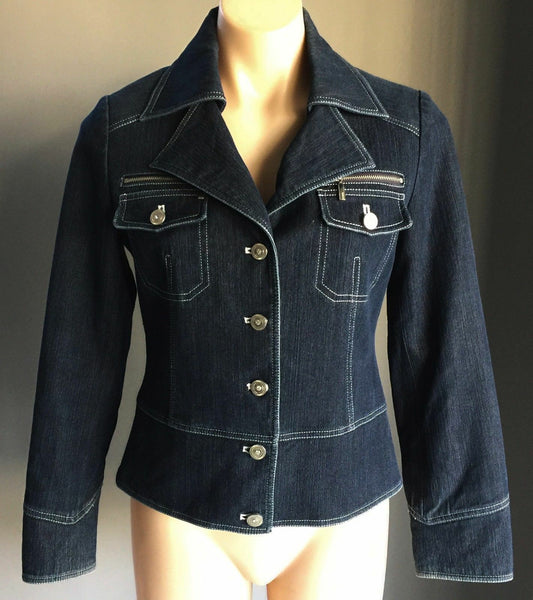 POEMA COSTUME Denim Jacket Dark Blue w White Contrast Stitch Ladies Size M 10