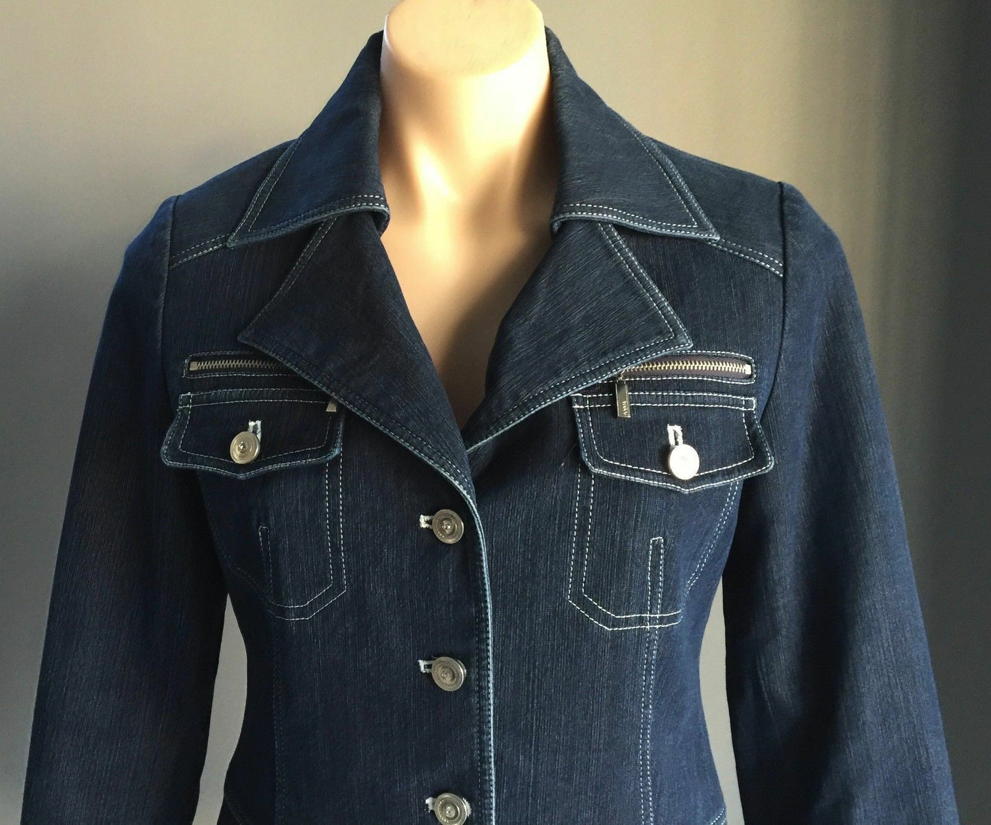POEMA COSTUME Denim Jacket Dark Blue w White Contrast Stitch Ladies Size M 10