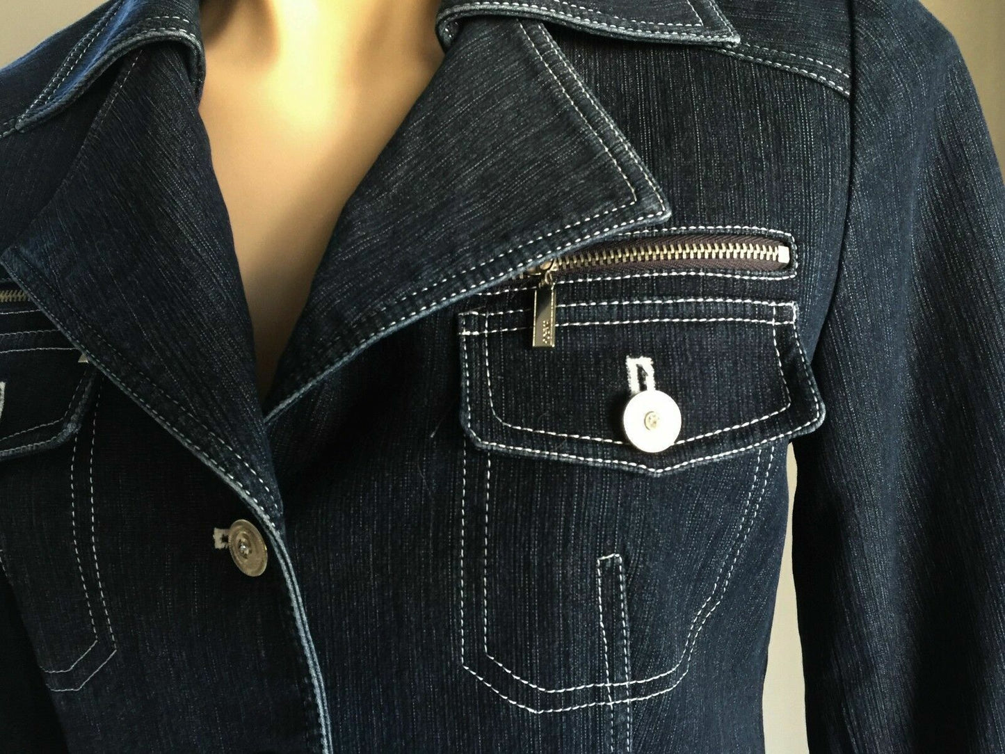 POEMA COSTUME Denim Jacket Dark Blue w White Contrast Stitch Ladies Size M 10