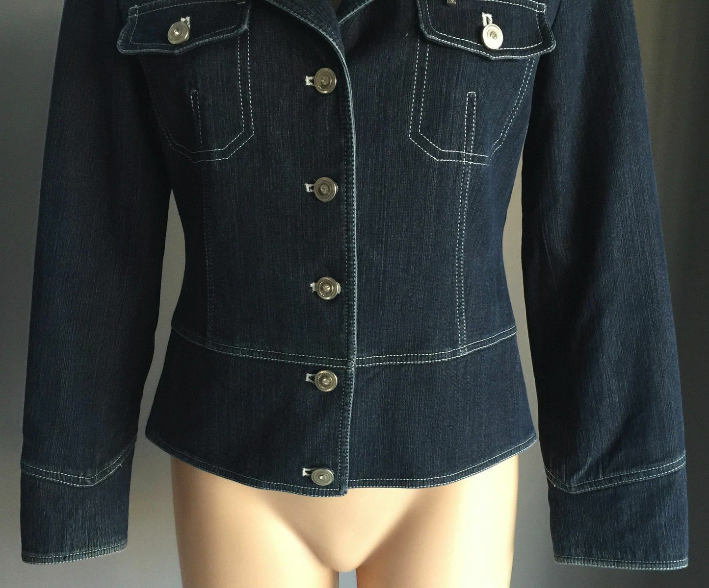 POEMA COSTUME Denim Jacket Dark Blue w White Contrast Stitch Ladies Size M 10