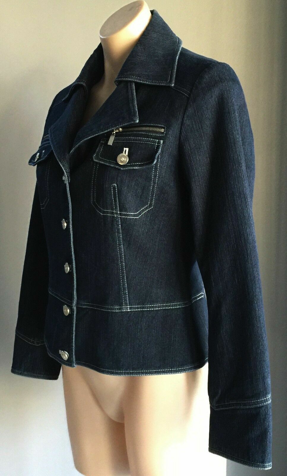POEMA COSTUME Denim Jacket Dark Blue w White Contrast Stitch Ladies Size M 10