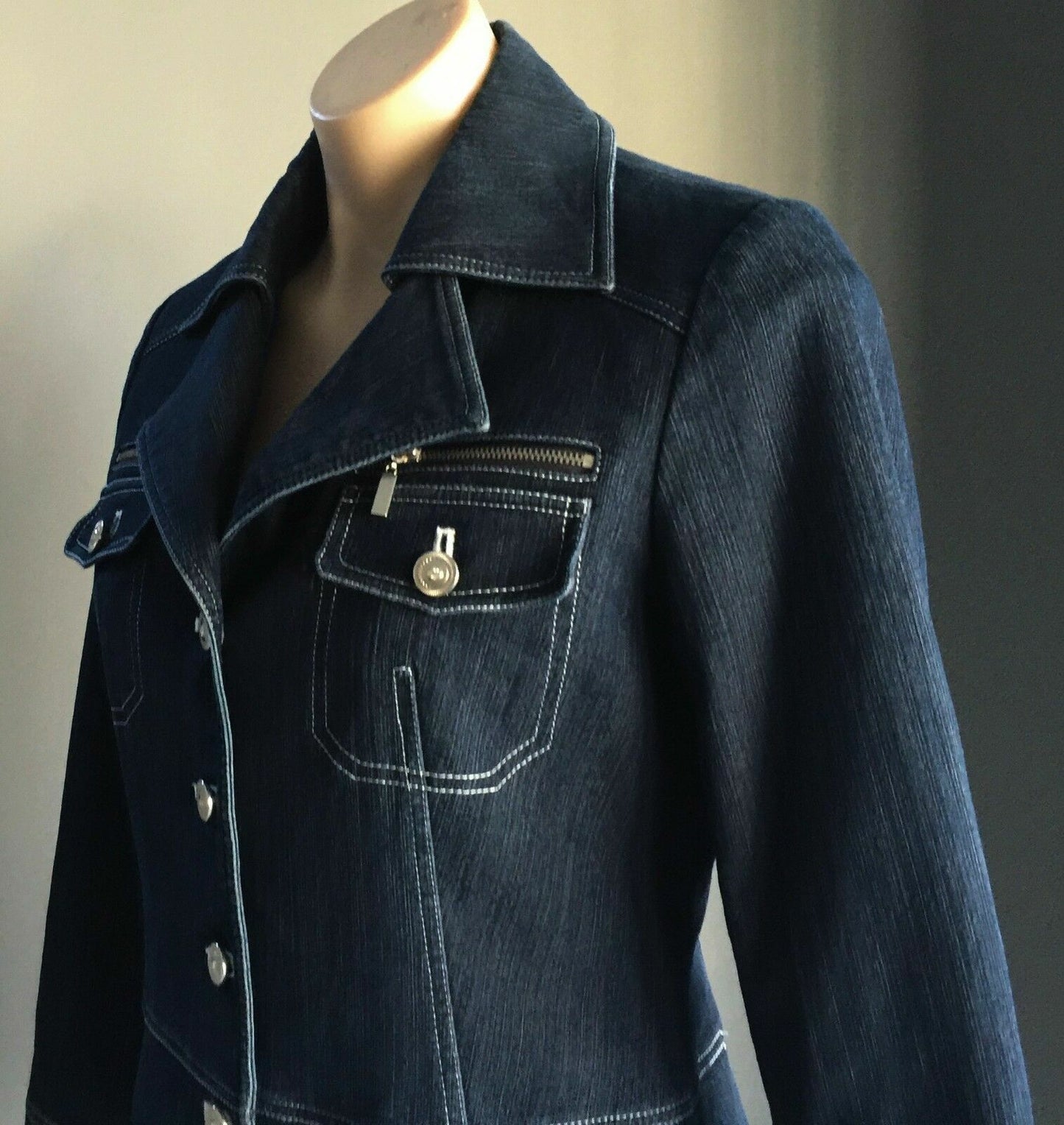 POEMA COSTUME Denim Jacket Dark Blue w White Contrast Stitch Ladies Size M 10