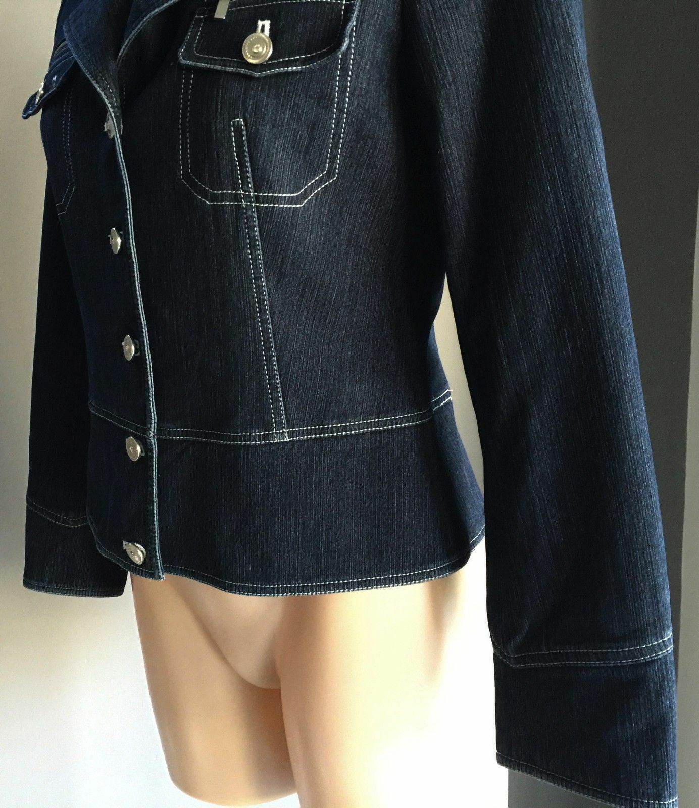 POEMA COSTUME Denim Jacket Dark Blue w White Contrast Stitch Ladies Size M 10