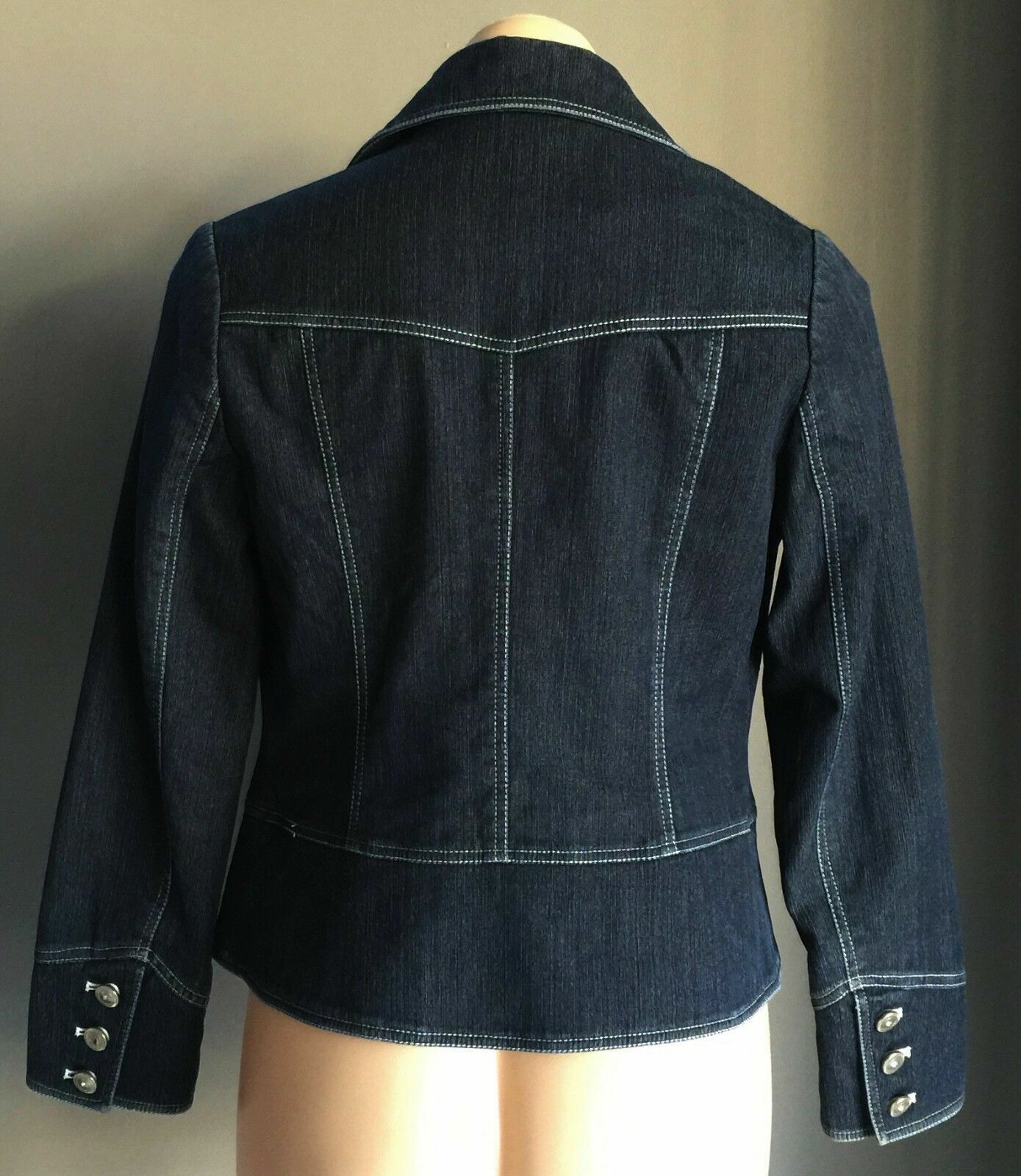 POEMA COSTUME Denim Jacket Dark Blue w White Contrast Stitch Ladies Size M 10