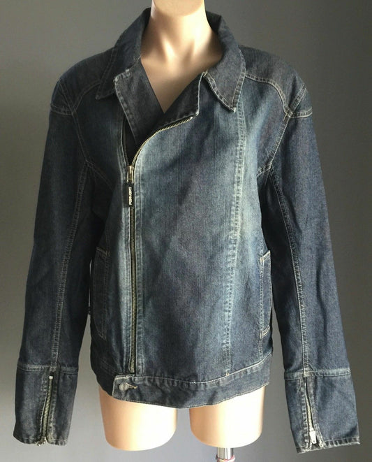 PERVERT Denim Jacket Blue Biker Moto Style Ladies Size L 14 Retro Gem New 1990's