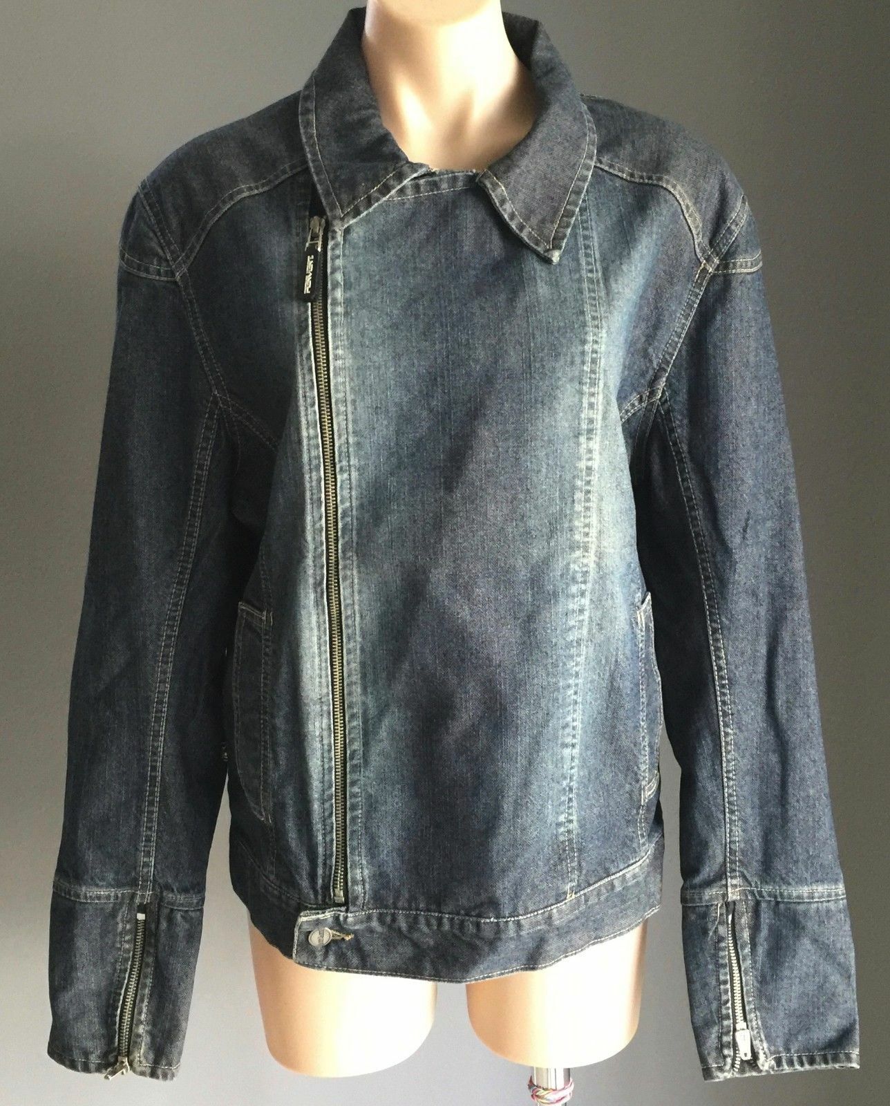 PERVERT Denim Jacket Blue Biker Moto Style Ladies Size L 14 Retro Gem New 1990's
