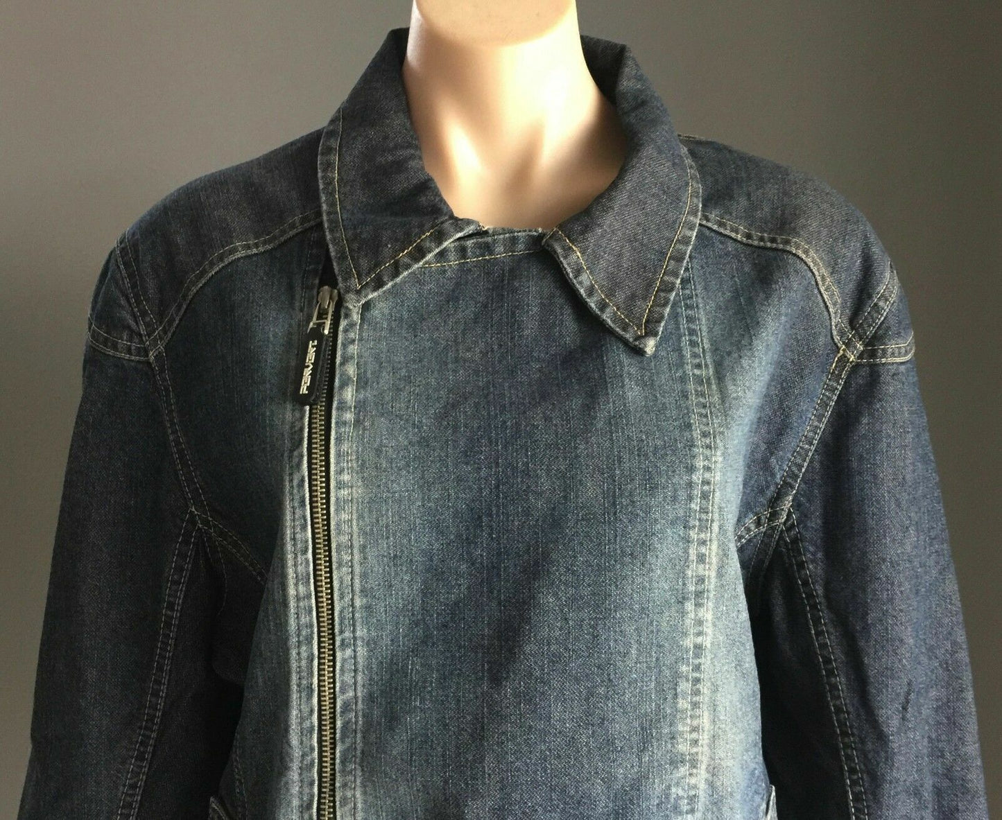 PERVERT Denim Jacket Blue Biker Moto Style Ladies Size L 14 Retro Gem New 1990's