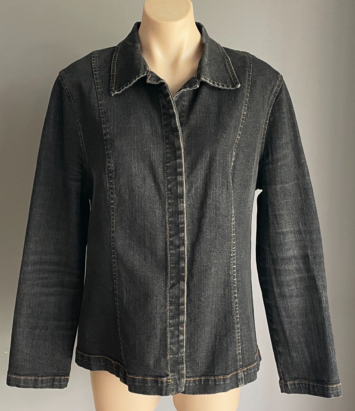 PHILOSOPHY Denim Shacket Black Concealed Button Collar Tailored Fit Jacket Sz 14