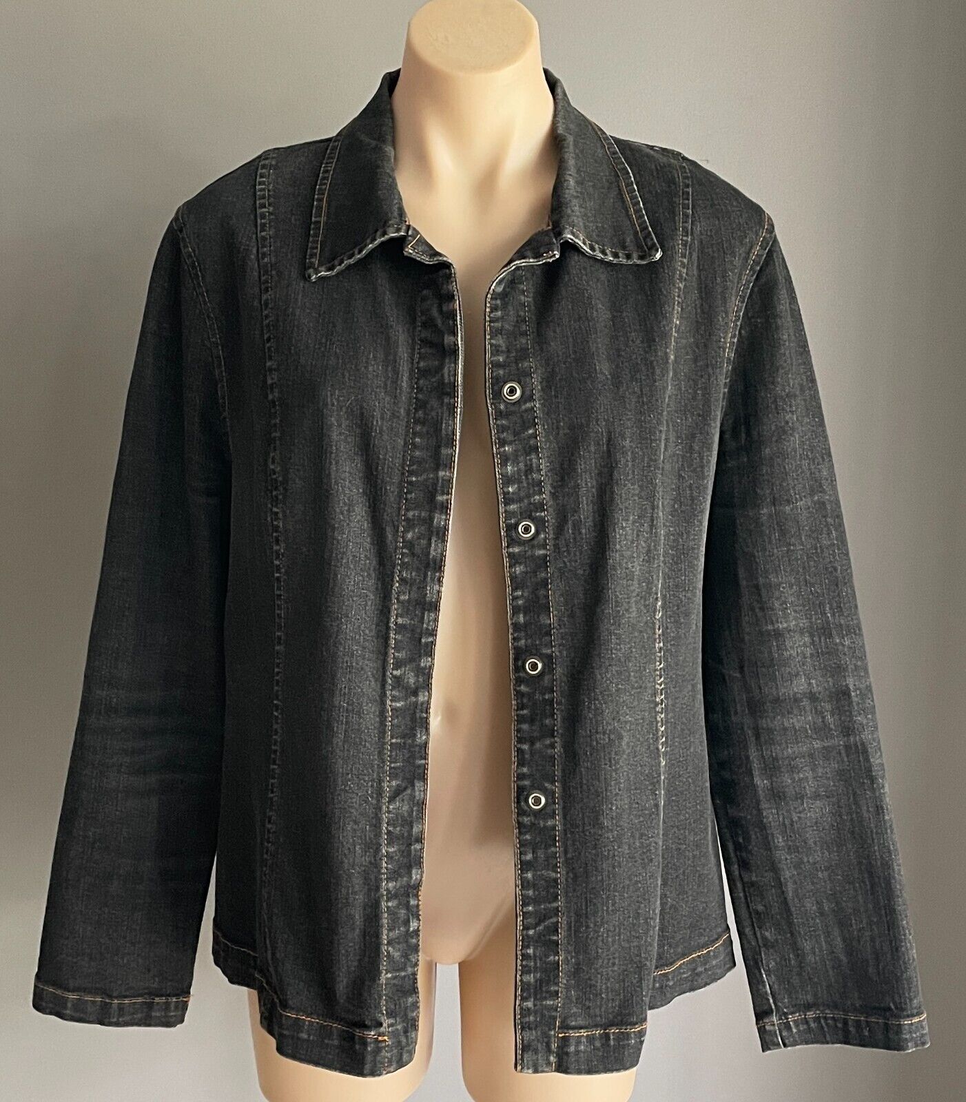 PHILOSOPHY Denim Shacket Black Concealed Button Collar Tailored Fit Jacket Sz 14