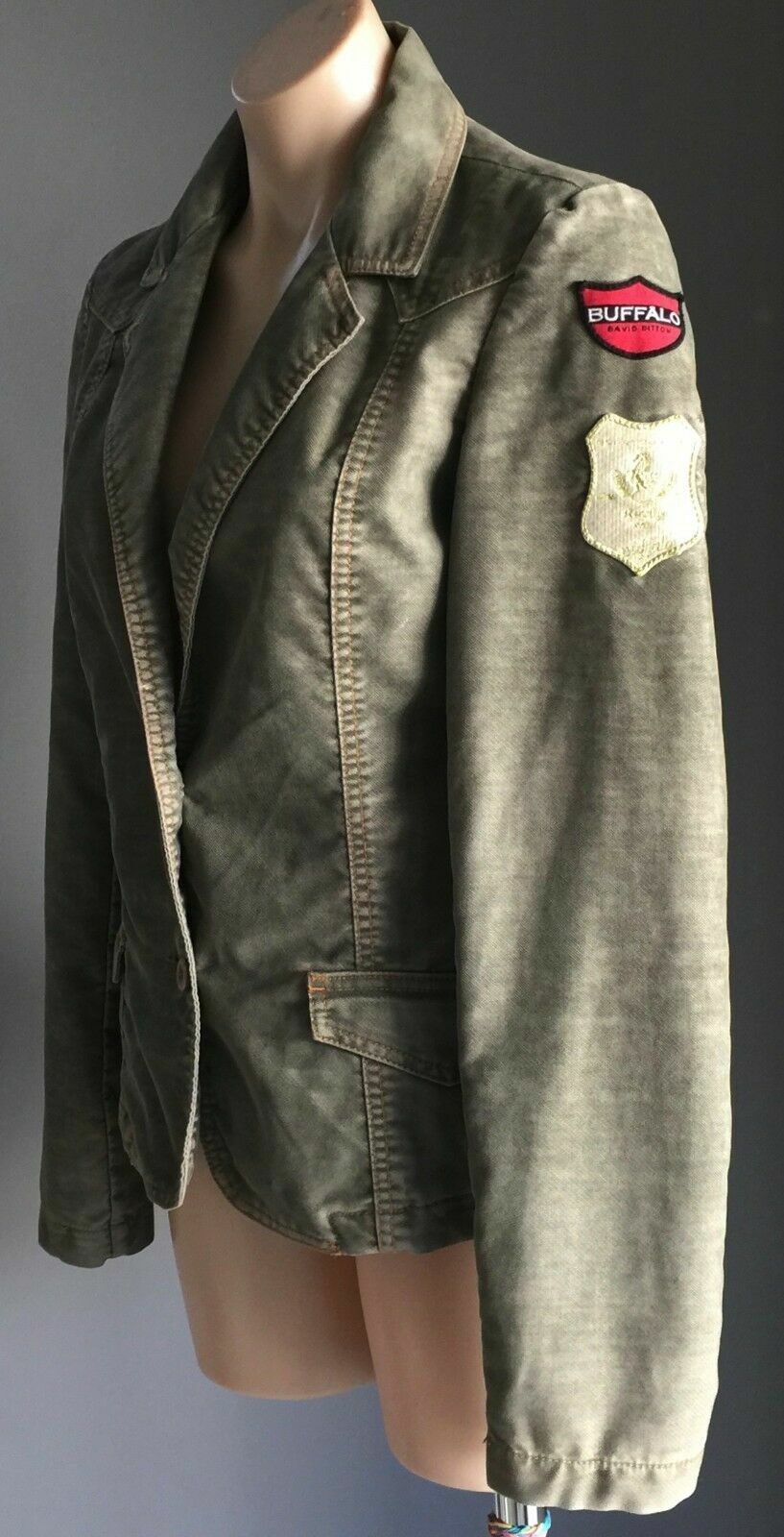 BUFFALO DAVID BITTON Denim Jacket Khaki Fitted Military Ladies Size M 10 Vintage