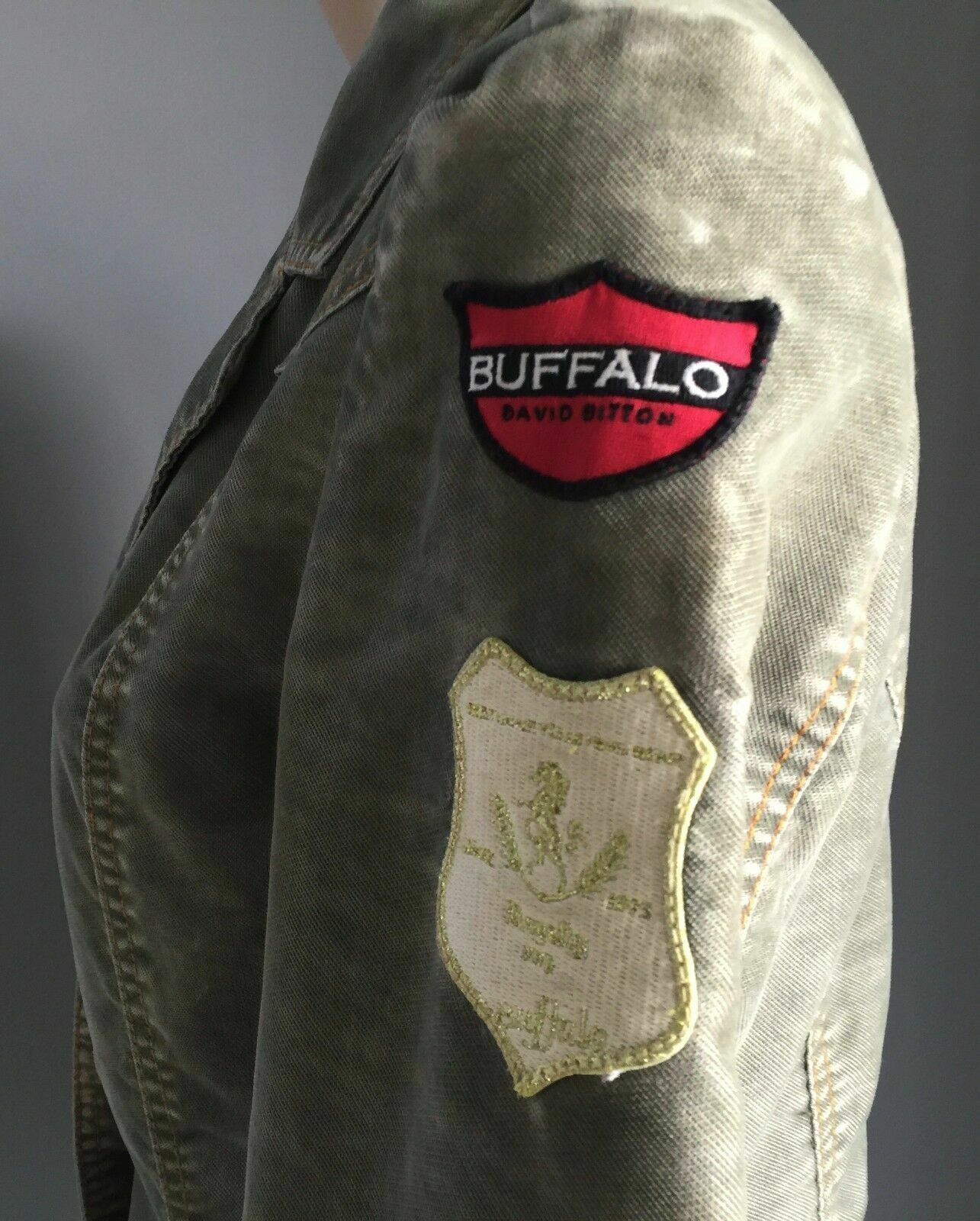 BUFFALO DAVID BITTON Denim Jacket Khaki Fitted Military Ladies Size M 10 Vintage