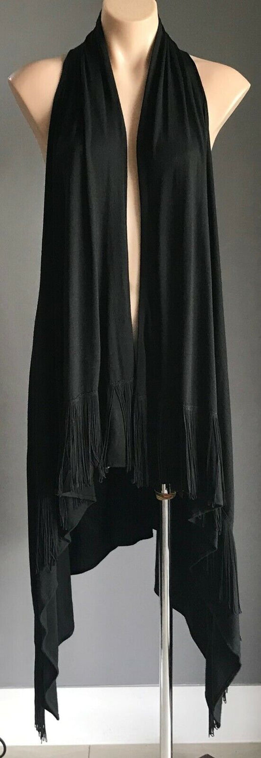 MUSEUM Drape Jacket Vest Black Sleeveless Fringed Asymmetric Hem Sz 1 AU 8 10