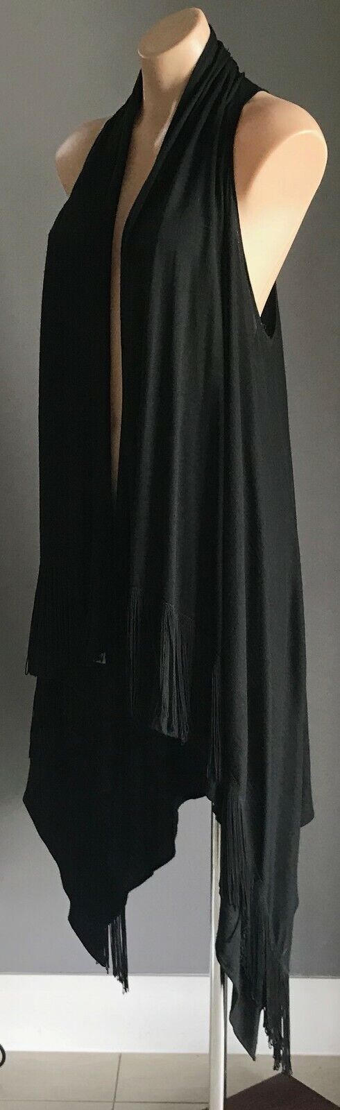 MUSEUM Drape Jacket Vest Black Sleeveless Fringed Asymmetric Hem Sz 1 AU 8 10