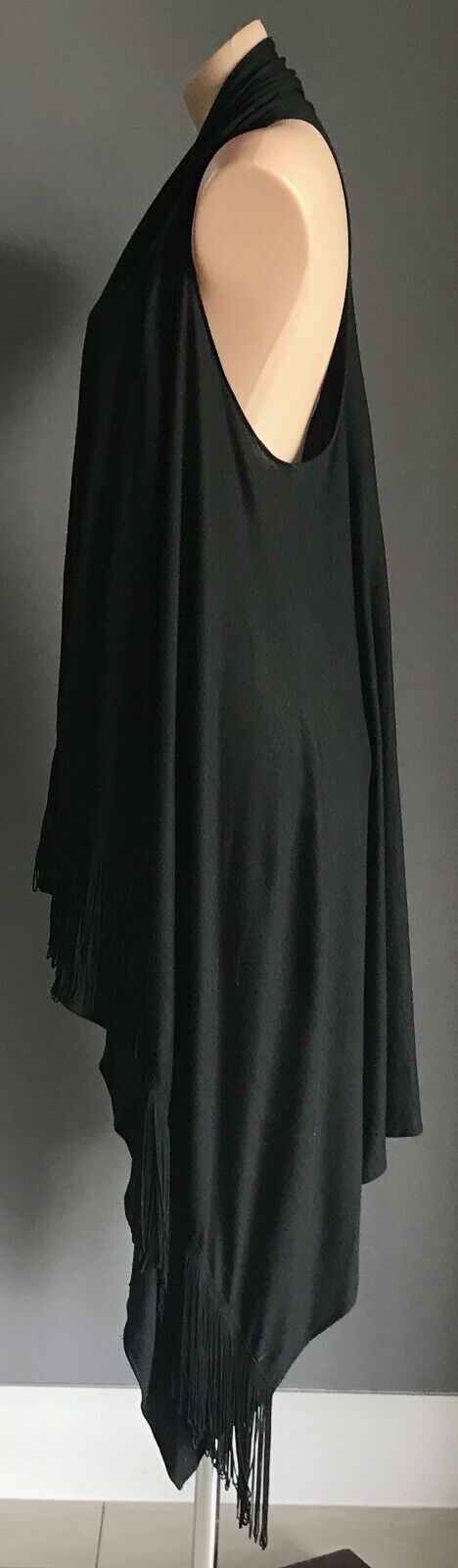 MUSEUM Drape Jacket Vest Black Sleeveless Fringed Asymmetric Hem Sz 1 AU 8 10