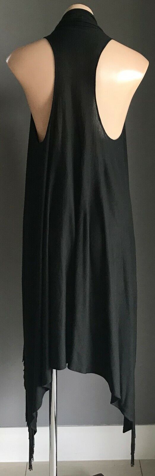 MUSEUM Drape Jacket Vest Black Sleeveless Fringed Asymmetric Hem Sz 1 AU 8 10