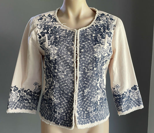 LOOBIE'S STORY Raw Edge Jacket Beige 3/4 Sleeve w Navy Embroidered Trim Size 10