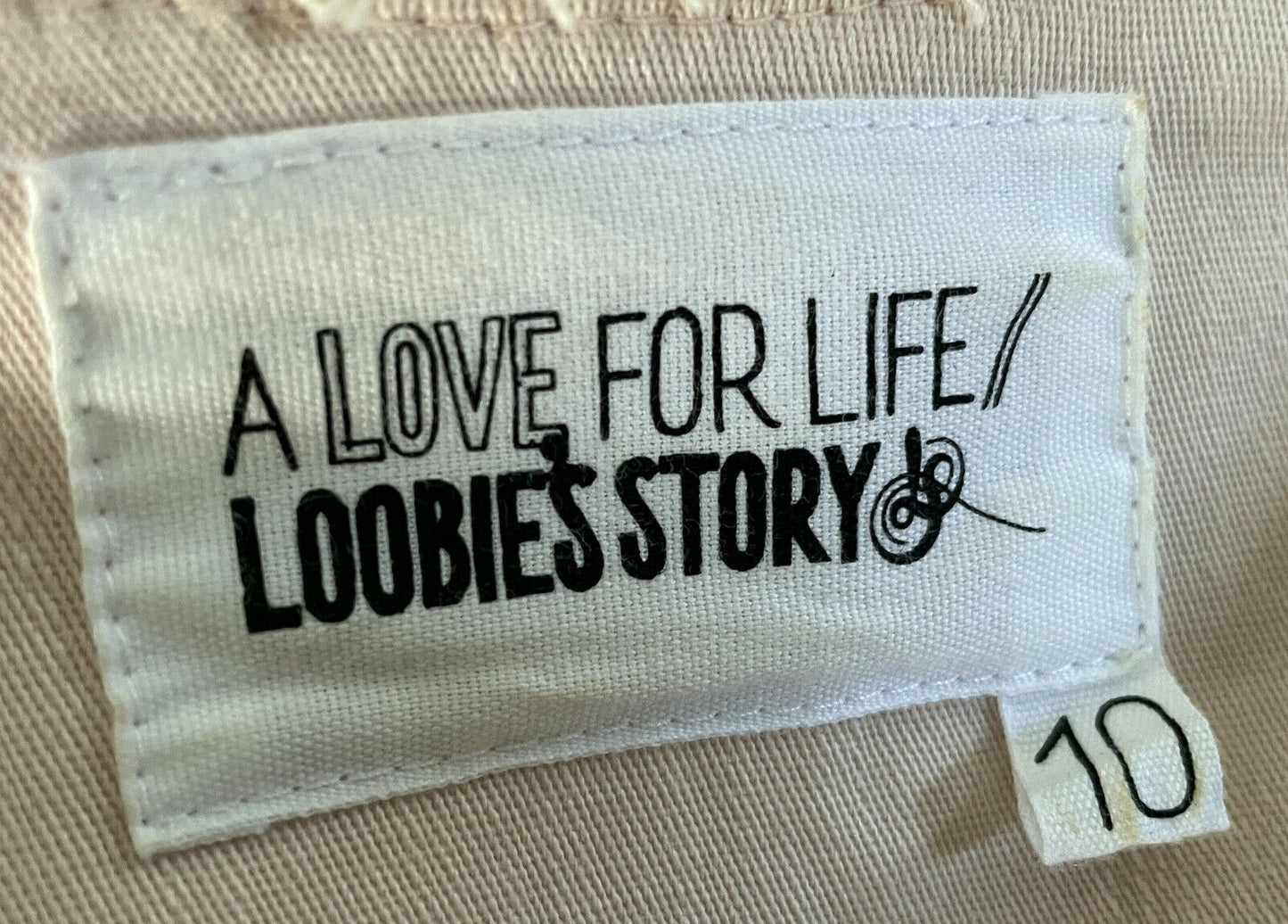 LOOBIE'S STORY Raw Edge Jacket Beige 3/4 Sleeve w Navy Embroidered Trim Size 10