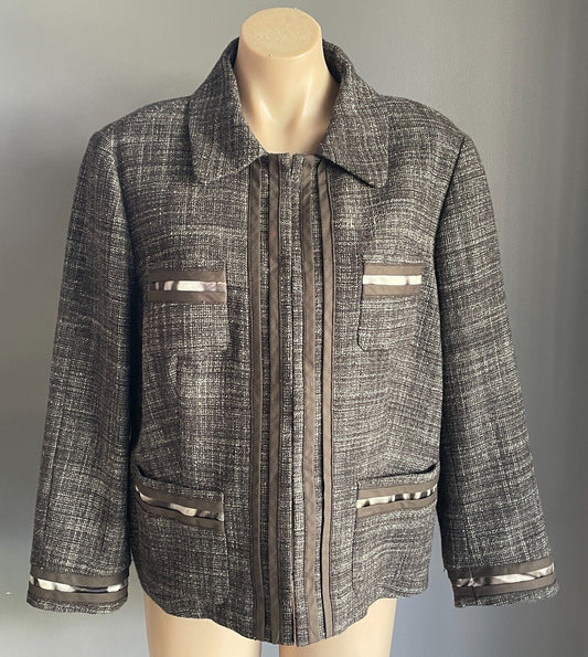 LAUREL Jacket Brown & White Tweed Fabric Long Sleeve Silk Ribbon Trim Size 18