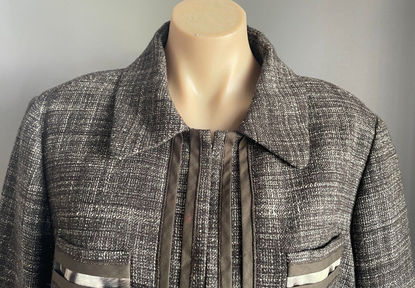 LAUREL Jacket Brown & White Tweed Fabric Long Sleeve Silk Ribbon Trim Size 18