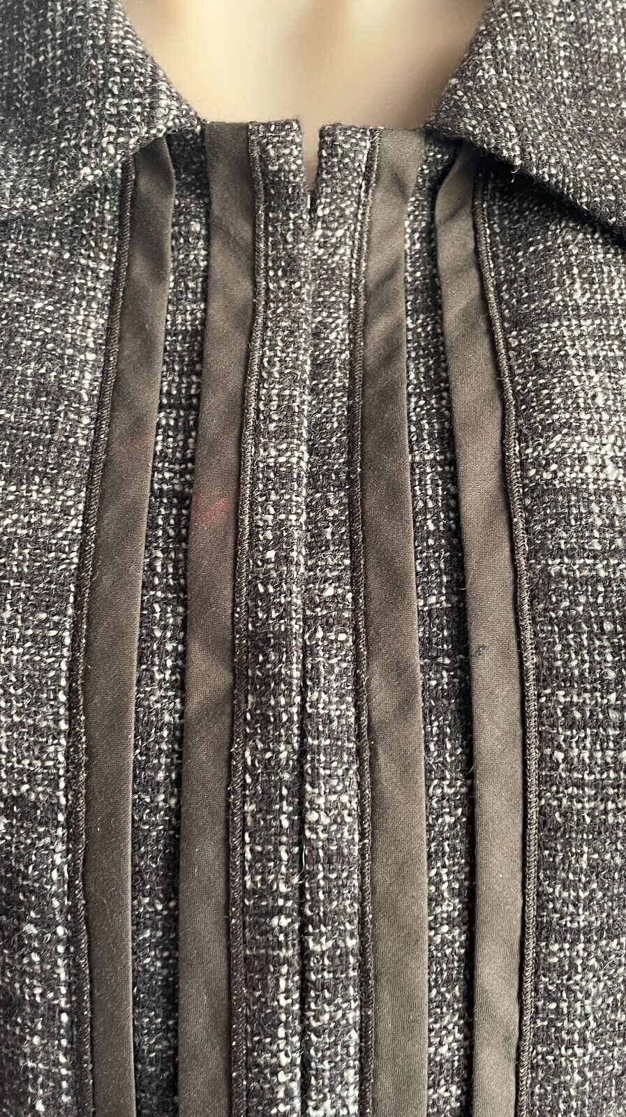 LAUREL Jacket Brown & White Tweed Fabric Long Sleeve Silk Ribbon Trim Size 18